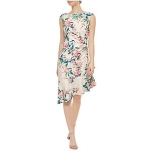 NWT Eliza J Floral Cream Pink Green Ruffled Asymmetric-Hem Sheath Dress 0